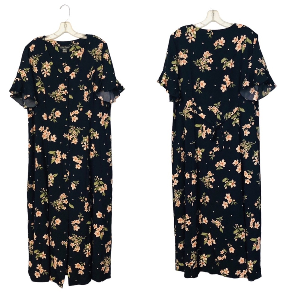 Jessica Howard Size 16 Maxi Dress Navy Blue Summer Floral Button Front